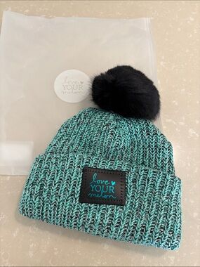 Love Your Melon Kids Teal and Black Knit Beanie with Black Pom